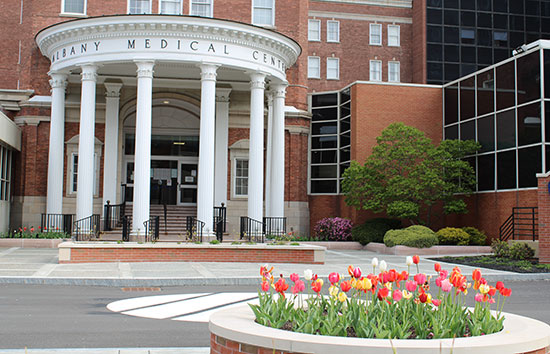 Albany Medical Center pillars in the spring