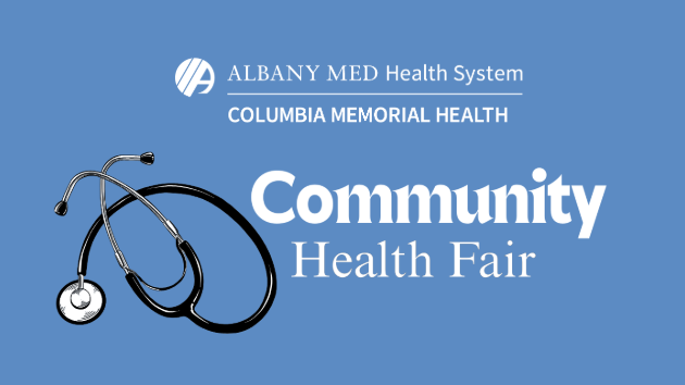 Ad for Columbia Memorial Health Community Health Fair with a stethoscope and logo on a medium blue background