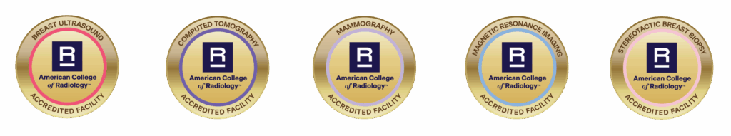 Group of five gold seal emblems from the American College of Radiology designating Columbia Memorial Health as an accredited facility for Breast Ultrasound, Computed Tomography, Mammography, Magnetic Resonance Imaging, and Stereotactic Breast Biopsy.