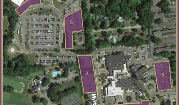 Arial view of Saratoga Hospital Campus, with buildings and parking lots outlined.