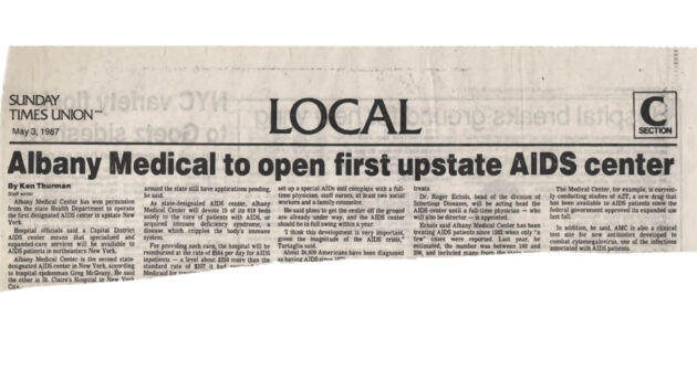 A newspaper clipping from 1987 about Albany Medical Center opening the first upstate AIDS center.
