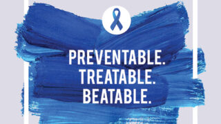 The words "Preventable. Treatable. Beatable." on a blue paint smeared background with the colorectal cancer awareness ribbon above it.