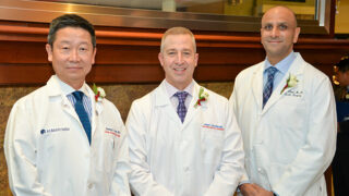 From left: Edward Lee, MD, Paul E. Francis Distinguished Chair in Colorectal Surgery, Brian Valerian, MD, Susan Droege Distinguished Chair in Surgery, Ashit Patel, MD, FACS, Chao Family Distinguished Professor in Plastic Surgery