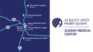 Blue map of Albany Med Health System. Four hospitals campuses and the Visiting Nurses of the Albany Med Health System span the entire Capital Region.