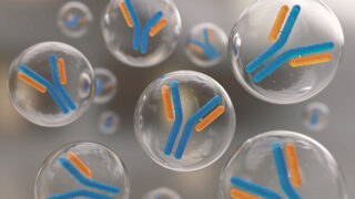 Bubbles with blue and orange Y to represent monoclonal antibodies.
