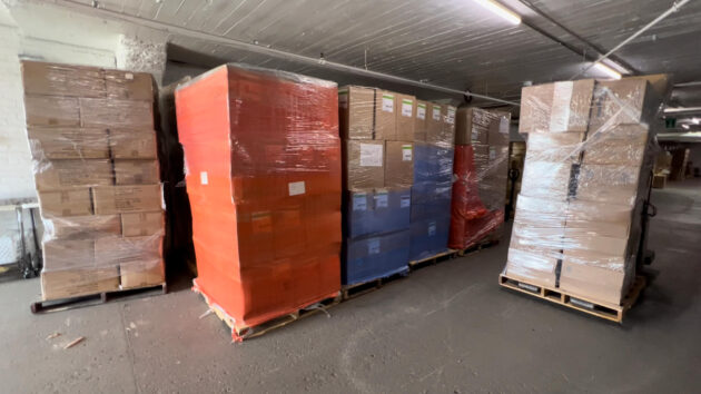 Medical supplies packaged and sitting in a warehouse, ready to be shipped out to the Ukraine