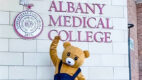 A person dressed as a teddy bear stands outside the Albany Medical College entrance for Teddy Bear Hospital day