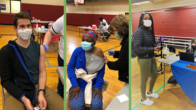 A collage of people getting their Covid vaccinations at a vaccination site hosted by Whitney Young Health inside the North Albany YMCA.