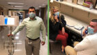Members of the Patient Relations team show off translation tools. Left, Sead Jusić, stands with an iPad translator in the hospital hallway. Right, Assistant Director of Patient Relations Nicole McGarry and patient rep Conor O'Neill demonstrate use of a two-way translator phone
