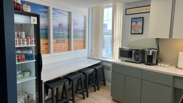 Hannah's Hideaway is a small hospitality kitchen in the Melodies Center where patients can get coffee, drinks, and snacks.