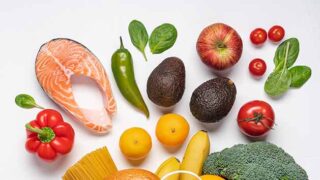 Healthy food  background. Vegetables, fruits, bread, pasta and s