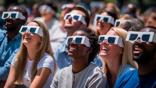 People looking at an eclipse with eclipse glasses