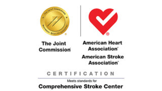 Combined logos of The Joint Commission and the American Heart Association, signifying certification of meeting the standards for comprehensive stroke care.