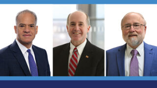 Composite photo includes headshots of Albany Med Health System leaders Tony James, Gregg Meyer, MD, and Steven Frisch, MD
