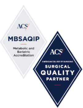 Combined image showing two accreditation seals: 1. American College of Surgeons (ACS), Metabolic and Bariatric Surgery Accreditation and Quality Improvement Program (MBSAQIP) Metabolic and Bariatric Accreditation Seal and 2. the American College of Surgeons (ACS), Surgical Quality Partner Seal.